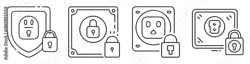 Various electrical outlets and wall sockets secured with padlocks illustrations