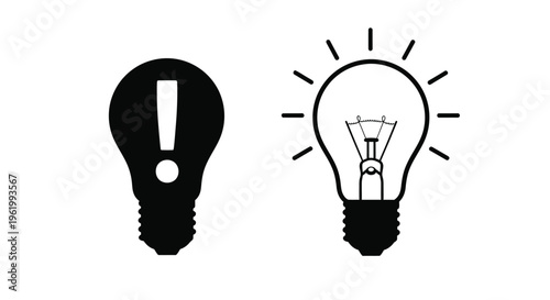 Two lightbulbs one with an exclamation mark in stark silhouette