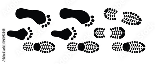 human footprint icons pack, various foot step patterns, walking and tracking concept, simple modern vector illustration set.