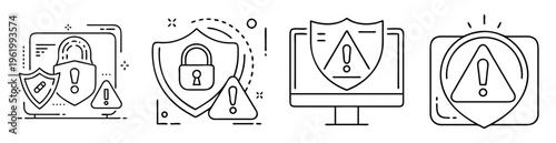 Illustrations depicting information technology security and data breach warnings alerts and firewalls