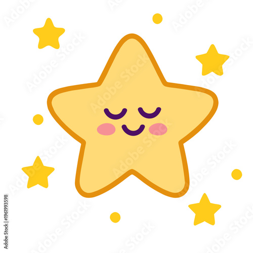 A cute cartoon star with a smiling face and closed eyes surrounded by smaller stars