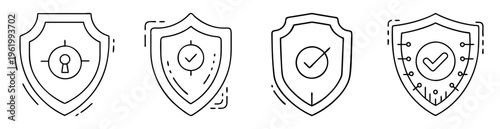 Line art illustration of various security shields indicating protection and verification