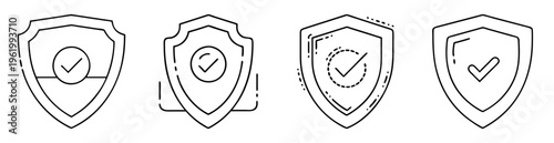 Security shield check mark verification approved icons set in minimal line style