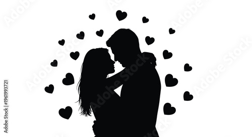 Couple embracing closely surrounded by hearts in a dark silhouette