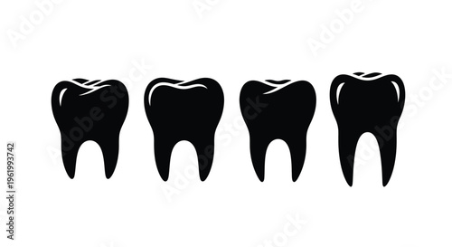 Four human teeth icons depicted in a stark black silhouette