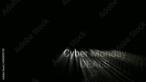 Animated text title Cyber Monday DEALS on a black background. This file can be used as a title card or promotional opener for a digital sales event video.