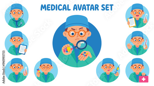 Professional clinical doctor and healthcare worker avatar set, illustrating diverse medical roles and services