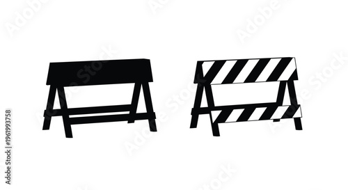 Two road barriers one solid black and one striped in silhouette