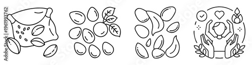 Sustainable Farming and Healthy Living Icons Depicting Seeds, Growth, and Nurturing