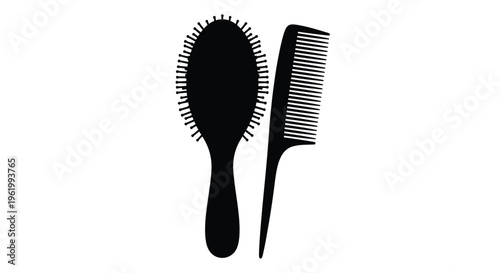 Hairbrush and comb displayed in a stark black silhouette