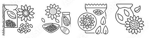 Black and white outline illustration of sunflower seeds and flowers