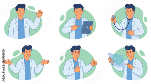 Collection of diverse doctor illustrations depicting healthcare, medical, and clinical professional poses and actions