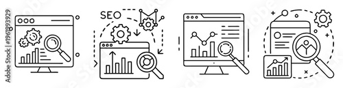 Search Engine Optimization and Analytics vector line icons set on four screens