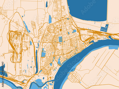 Canvastavla Street network map of Galati, Romania, cream map with golden roads