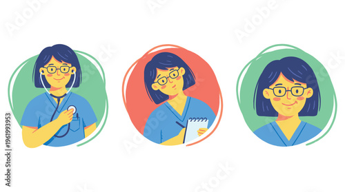 Collection of diverse female medical professionals a caring doctor, clinical nurse, and healthcare expert in various poses