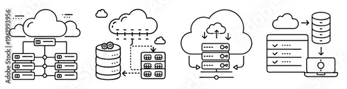 Cloud computing infrastructure and data management services diagram in black and white