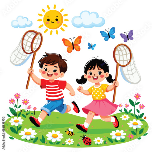 Two children running in garden trying to catch butterflies with nets on a sunny day.