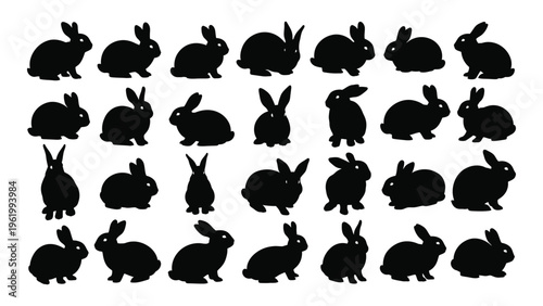Collection of black rabbit silhouettes on white background