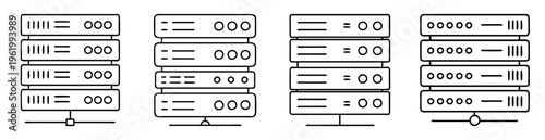 Four distinct server rack designs showcasing varying configurations and connectivity methods