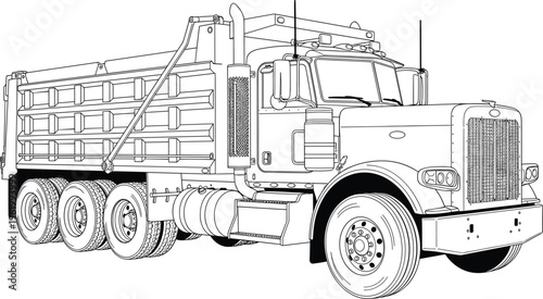 Detailed black and white line art illustration of a heavy duty industrial dump truck isolated on white background for construction and transportation projects.