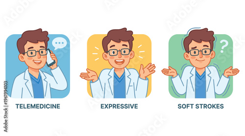 Diverse Doctor Healthcare Medical Professional Clinical expressions showcasing telemedicine, virtual consultation, and medical uncertainty