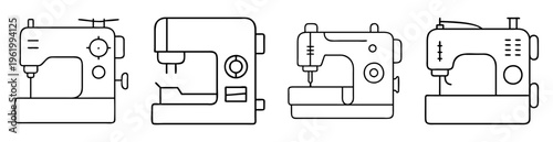 Simple line drawing illustration of four different vintage sewing machines