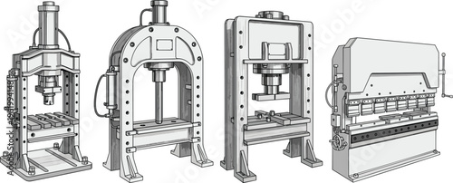 Detailed industrial illustration set of hydraulic press machines and metal bending equipment for heavy manufacturing factory workshop production and mechanical engineering design concepts