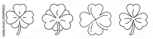 Four stylized shamrocks depicting good luck and Irish heritage, drawn in black outline