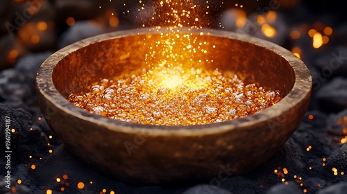 Enchanting Gold Dust in Wooden Bowl with Magical Sparks on Dark Rocks.