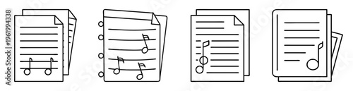 Line art musical notes on papers in stack and single sheets
