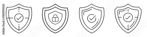 Four Line Art Security Shields with Checkmarks and Lock Symbols