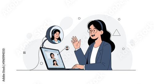 Woman waving during video call on laptop, online communication concept