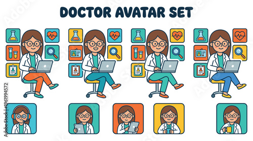 A comprehensive set of professional healthcare avatars, featuring diverse medical doctors in clinical settings