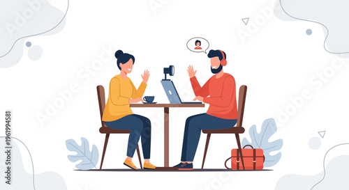 Two people talking online, podcasting, video call, remote work, content creation, flat design