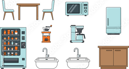Flat Vector Kitchen Interior Elements Set Including Vending Machine Microwave Coffee Maker Refrigerator Dining Table Sinks And Cabinets For Office Breakroom Or Home Design (25 words)