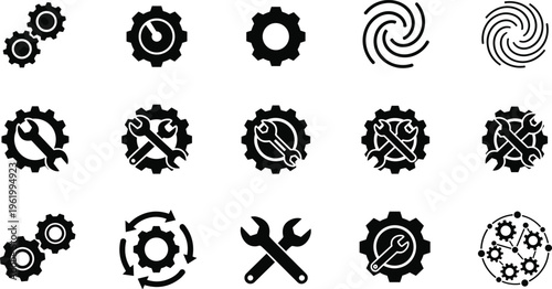Industrial settings and repair service icon set featuring black gears cogs and wrenches in various configurations isolated on white background for engineering projects.