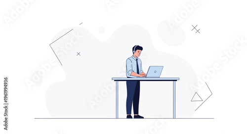 Man Working on Laptop at Standing Desk with Headphones, Modern Office Illustration