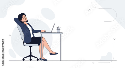 Woman relaxing at desk with laptop, taking a break from work, office scene
