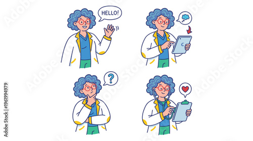 Clinical healthcare professional illustrations depicting various actions and emotions of a dedicated medical doctor