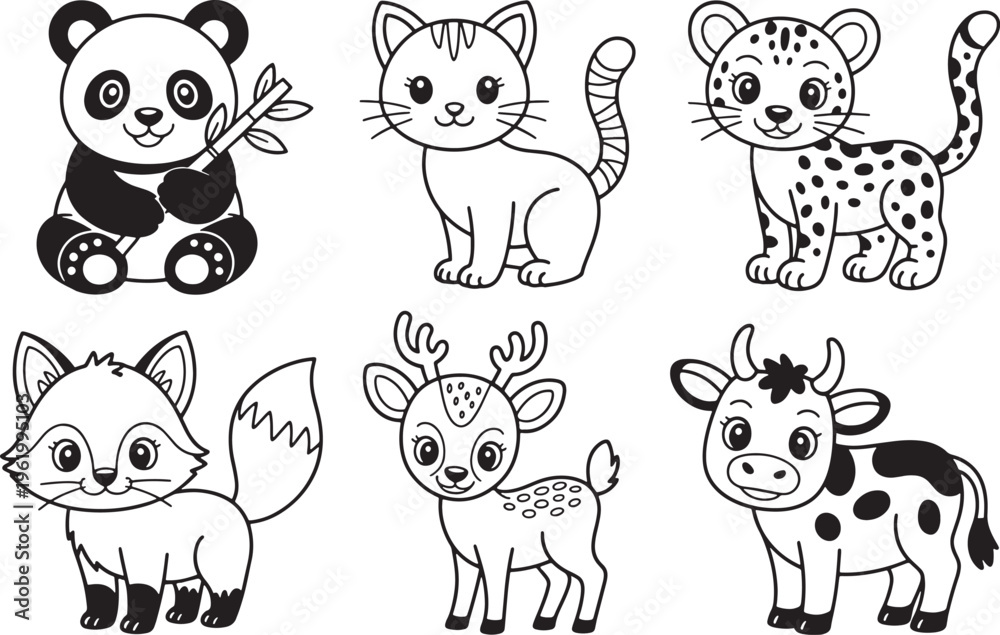Obraz premium Kawaii Animal Characters Line Art Collection