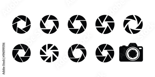 aperture diaphragm icons pack, camera lens shutter blade symbols, photography focus and exposure design, optical mechanism collection, minimal simple vector illustration.