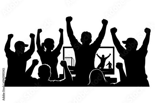 Black silhouette of a group of people, sports fans, watching and celebrating a football match on TV, isolated on a transparent background.