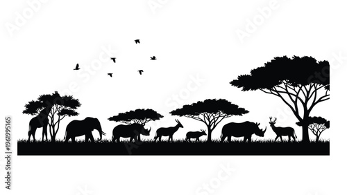 African savannah wildlife scene with animals and trees in black silhouette