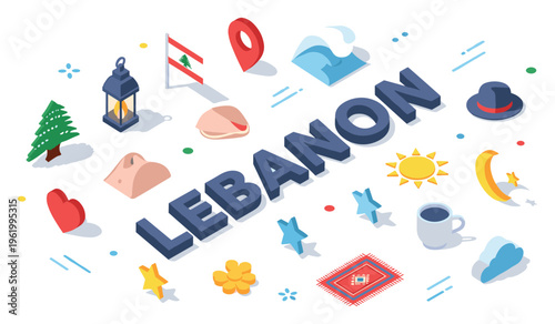 Lebanon icons: landmarks, flag, cedar tree, and cultural symbols in isometric design