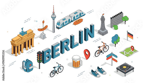 Berlin icons: brandenburg gate, tv tower, currywurst, bicycle, map, german flag, isometric cityscape