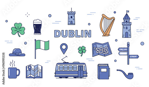 Dublin icons: irish culture and landmarks with clover, harp, and irish flag