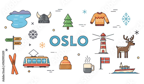 Oslo icons: viking helmet, tram, lighthouse, reindeer, nordic sweater, fjord, winter elements