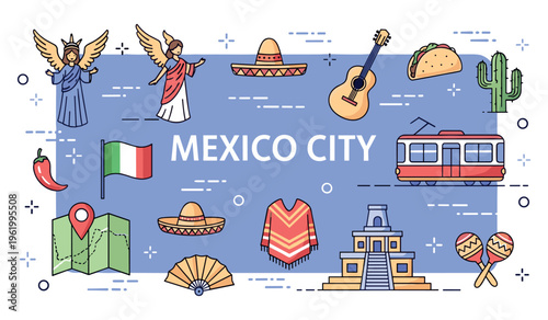 Colorful icons of mexico city: culture, traditions, and landmarks illustrated