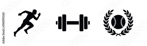 Set of black sports icons including a sprinting man, a heavy dumbbell, and a baseball with a laurel wreath isolated on a white background.