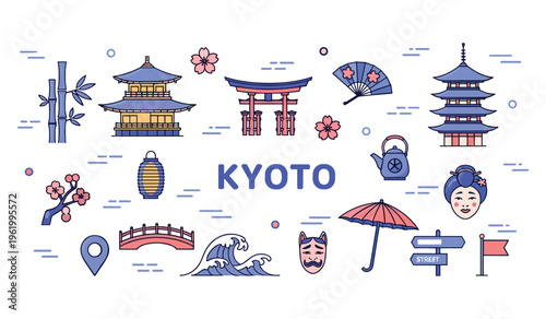 Traditional kyoto icons: temples, pagoda, lanterns, and cherry blossoms